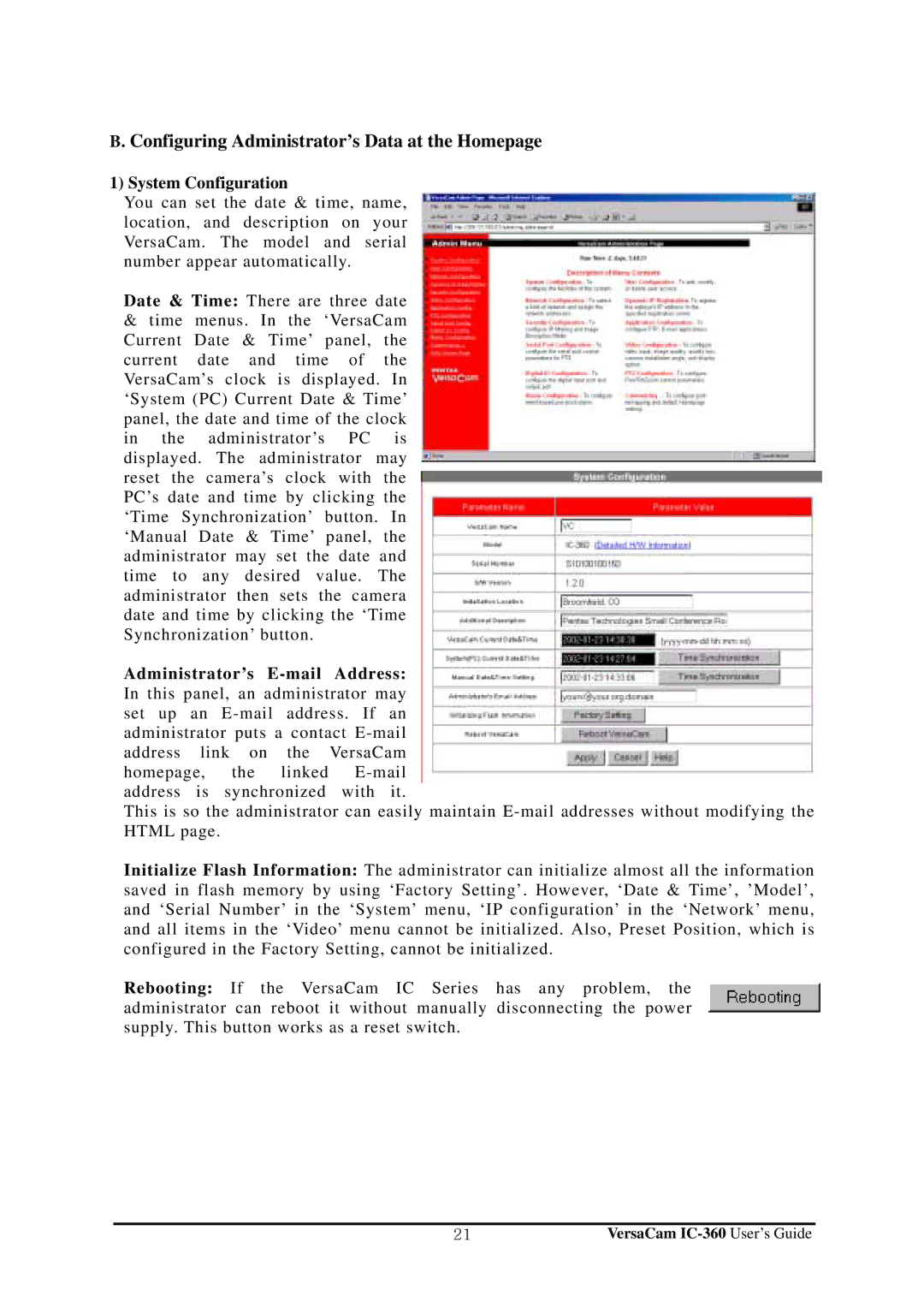 Pentax IC-360 manual Configuring Administrator’s Data at the Homepage, System Configuration 