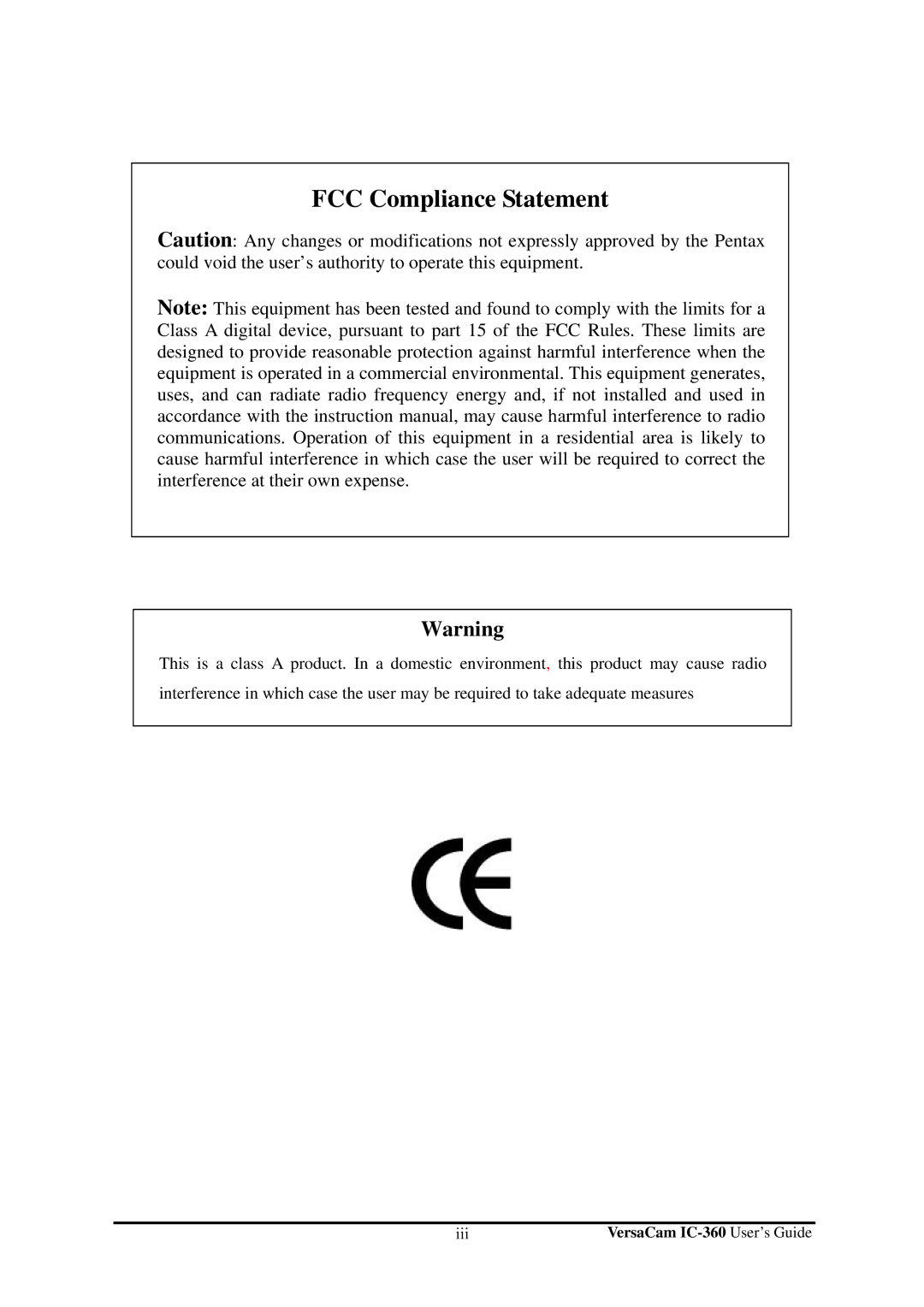 Pentax IC-360 manual FCC Compliance Statement 