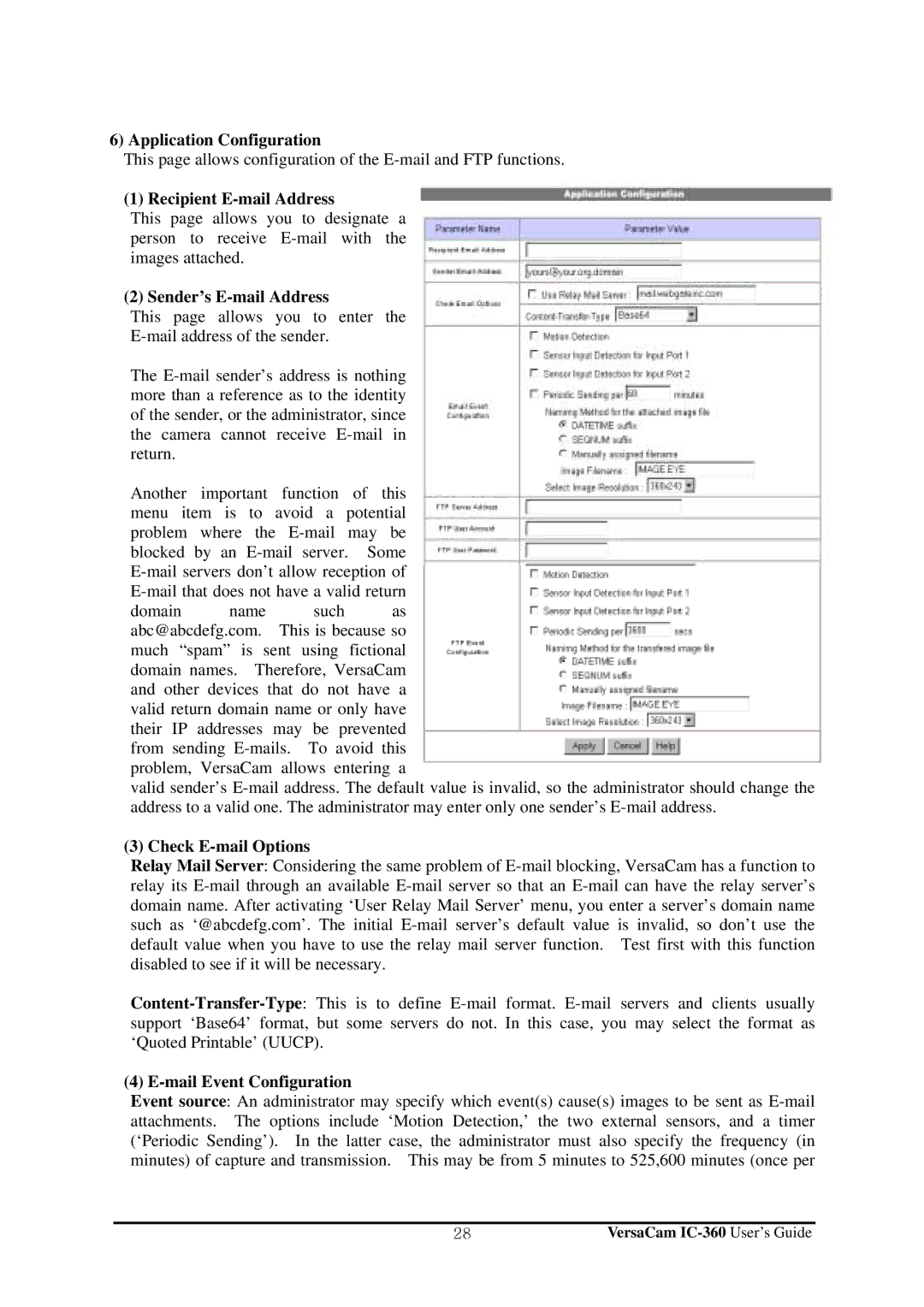 Pentax IC-360 manual Application Configuration, Recipient E-mail Address, Sender’s E-mail Address, Check E-mail Options 