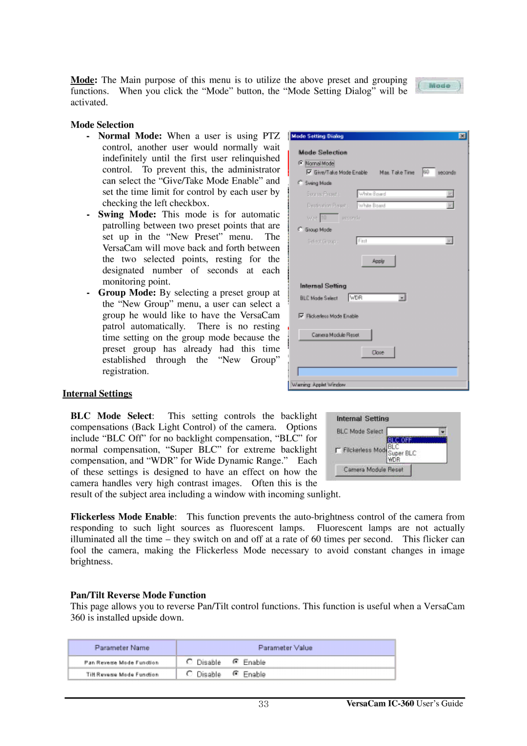 Pentax IC-360 manual Mode Selection, Internal Settings, Pan/Tilt Reverse Mode Function 