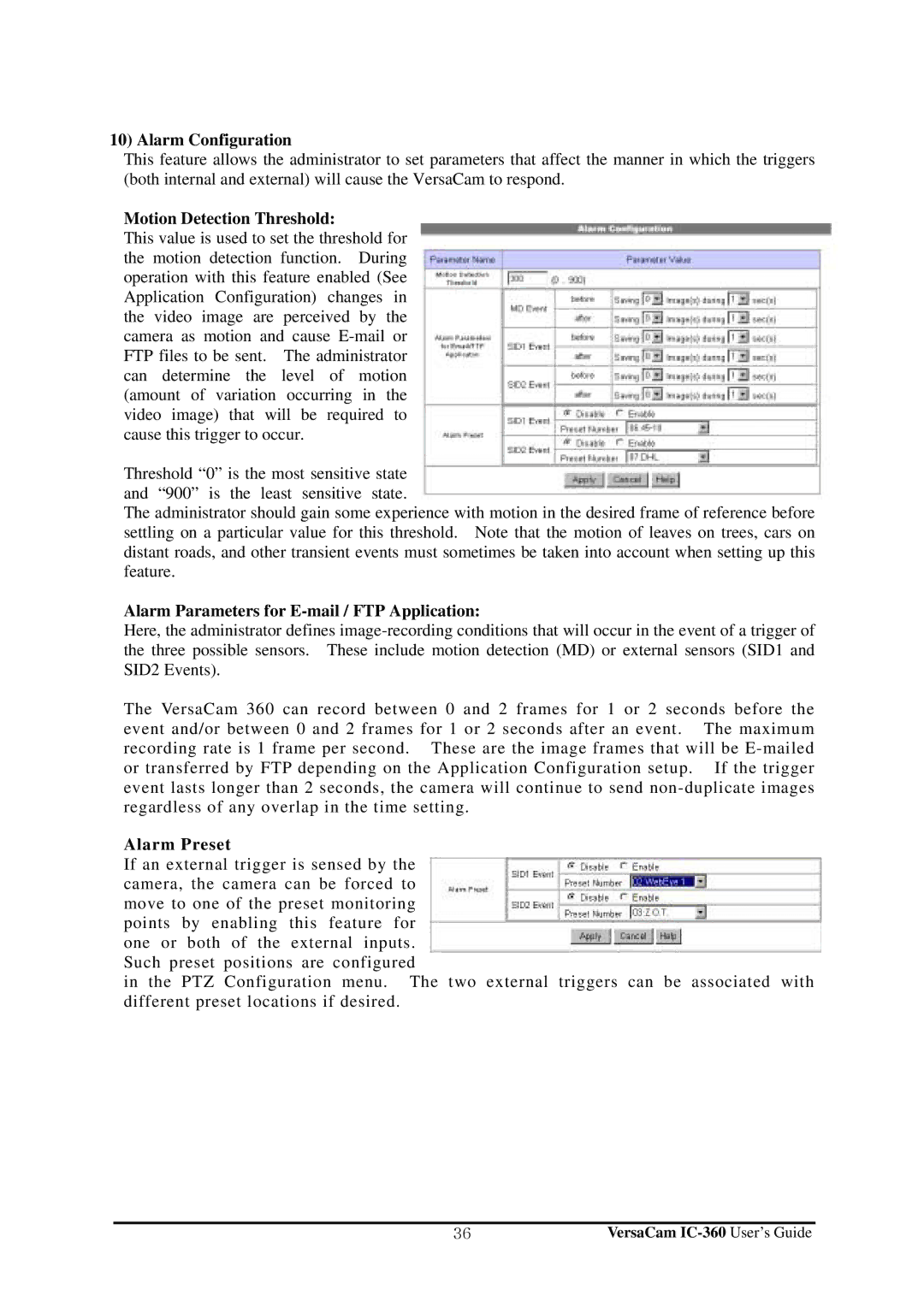 Pentax IC-360 Alarm Configuration, Motion Detection Threshold, Alarm Parameters for E-mail / FTP Application, Alarm Preset 