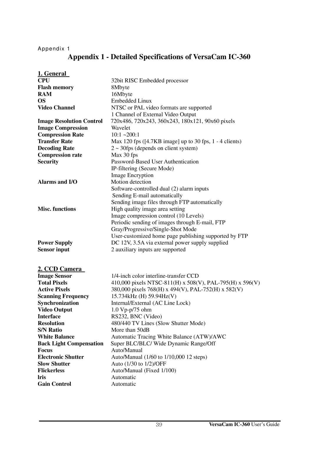 Pentax manual Appendix 1 Detailed Specifications of VersaCam IC-360, General, CCD Camera 