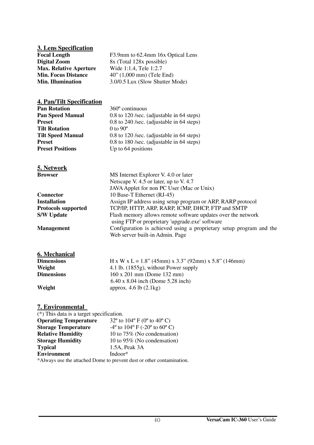 Pentax IC-360 manual Lens Specification, Pan/Tilt Specification, Network, Mechanical, Environmental 