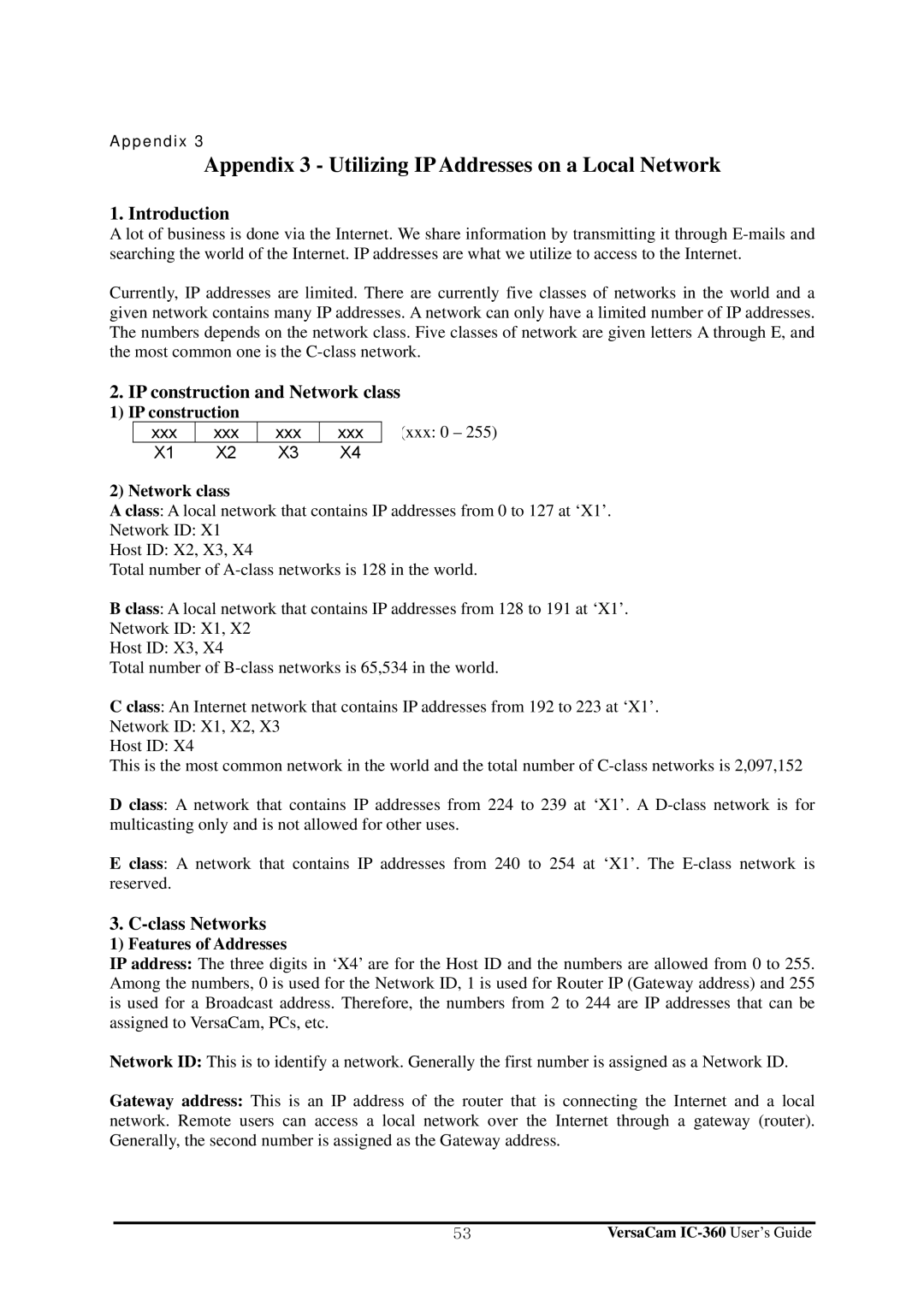 Pentax IC-360 manual Appendix 3 Utilizing IP Addresses on a Local Network, Introduction, IP construction and Network class 