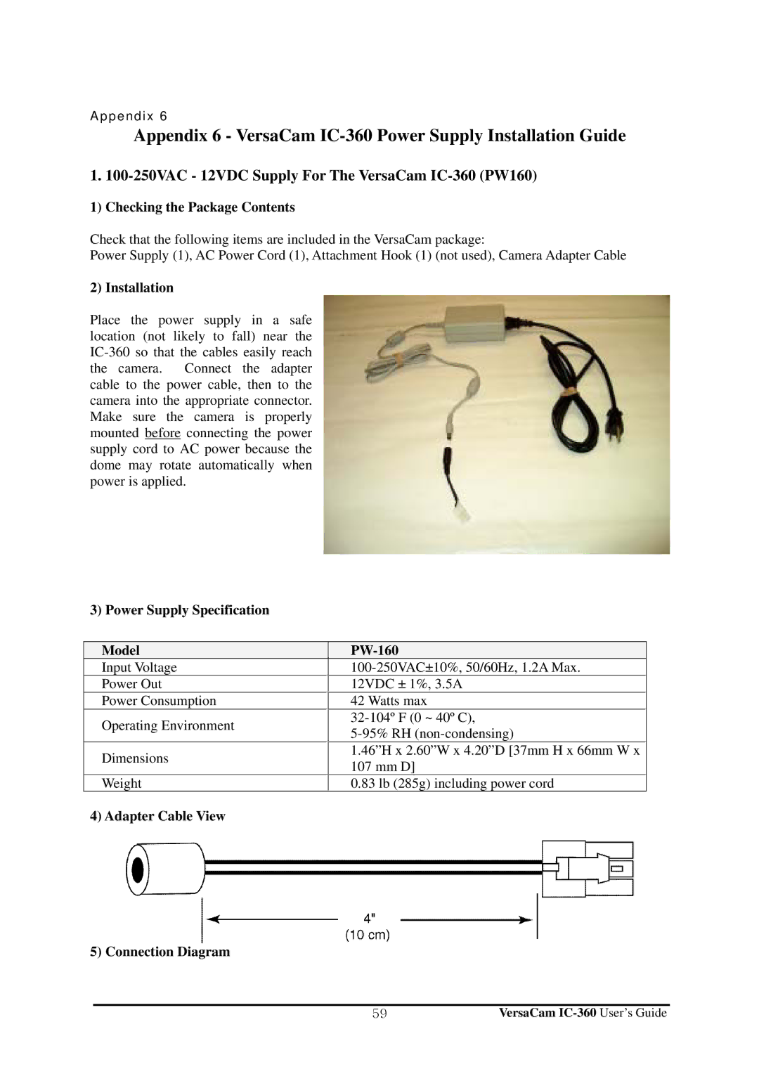 Pentax manual Appendix 6 VersaCam IC-360 Power Supply Installation Guide, Checking the Package Contents 