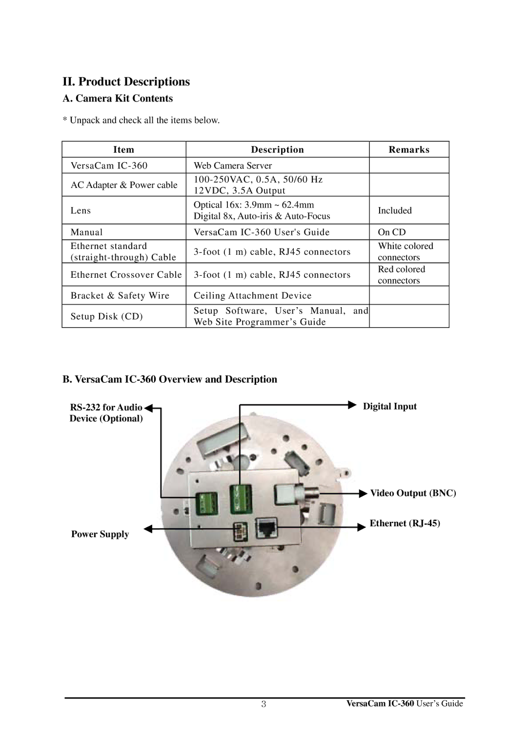 Pentax manual II. Product Descriptions, Camera Kit Contents, VersaCam IC-360 Overview and Description 