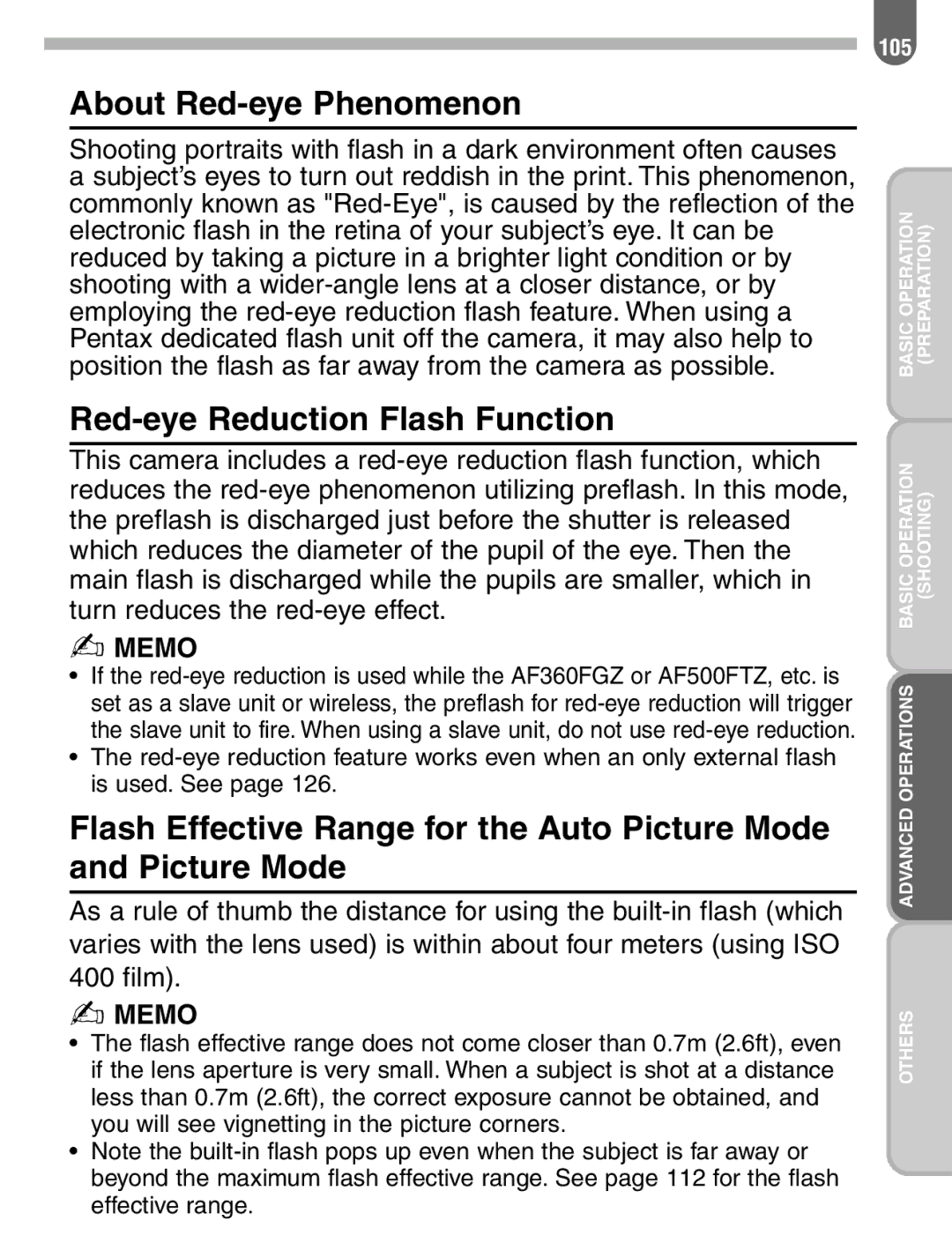 Pentax ist manual About Red-eye Phenomenon, Red-eye Reduction Flash Function 