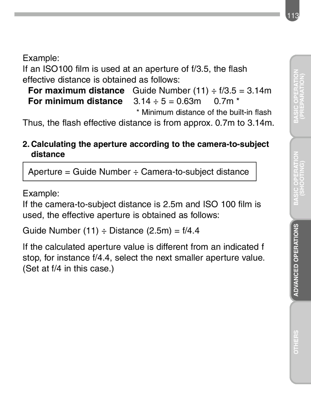 Pentax manual Minimum distance of the built-in flash 