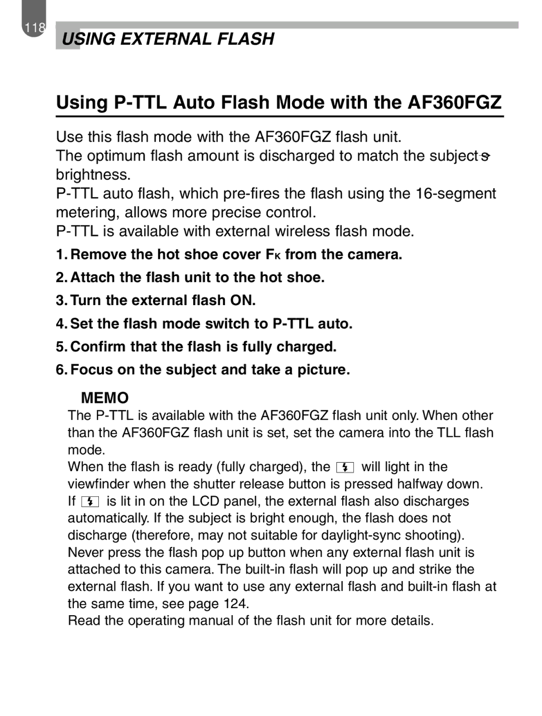 Pentax ist manual Using P-TTL Auto Flash Mode with the AF360FGZ 