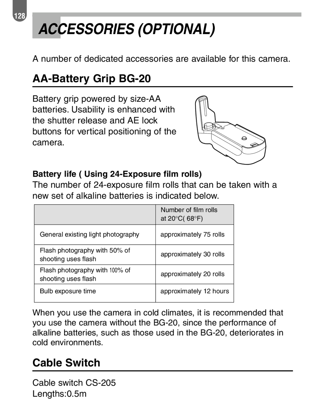 Pentax ist manual Accessories Optional, AA-Battery Grip BG-20, Cable Switch 