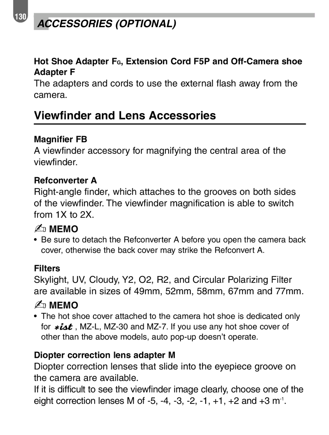 Pentax ist manual Viewfinder and Lens Accessories, Accessories Optional 