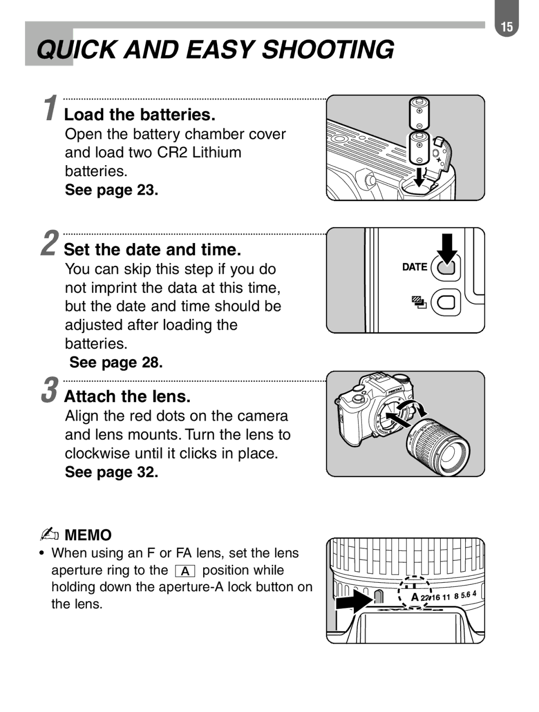 Pentax ist manual Quick and Easy Shooting, Load the batteries, Set the date and time, Attach the lens 