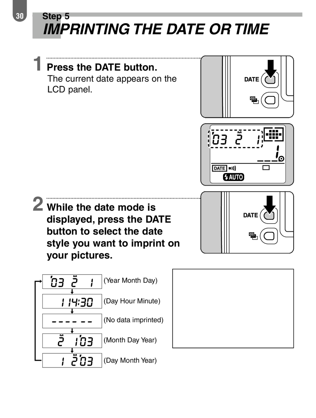 Pentax ist manual Imprinting the Date or Time, Press the Date button 