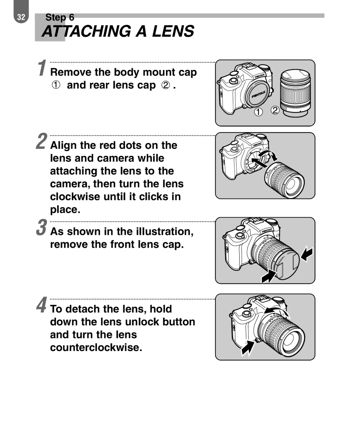 Pentax ist manual Attaching a Lens 