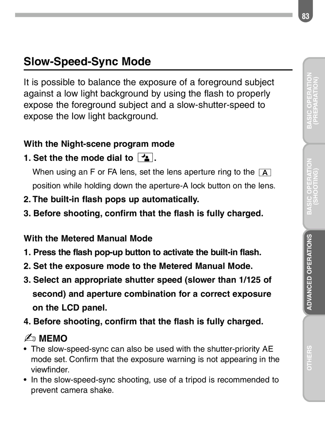 Pentax ist manual Slow-Speed-Sync Mode, With the Night-scene program mode Set the the mode dial to 