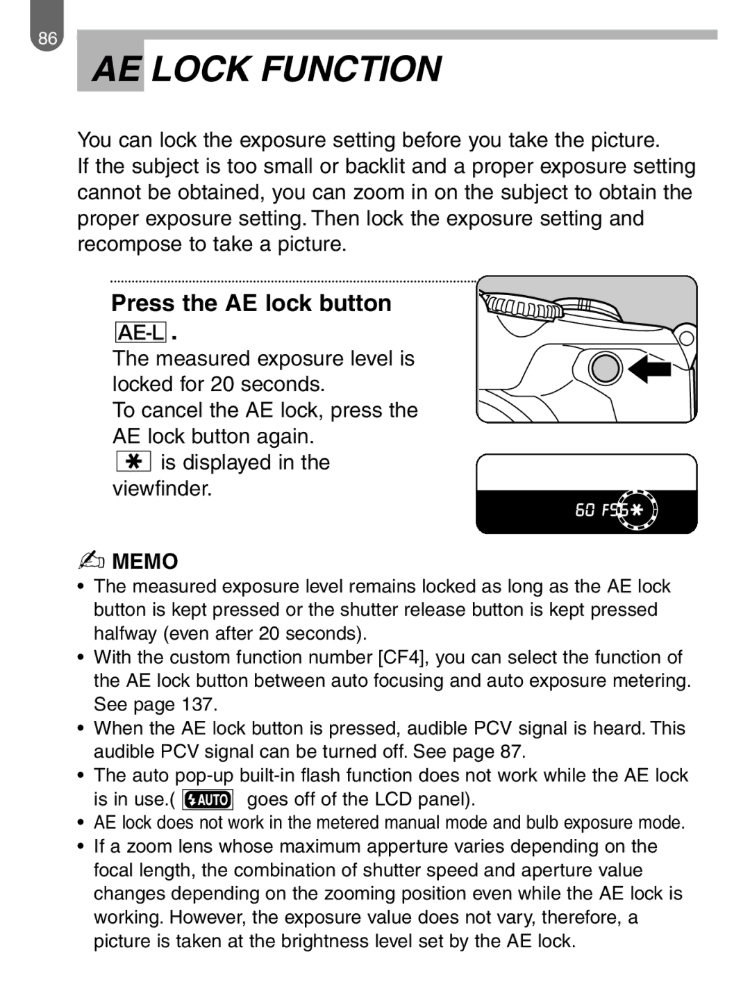 Pentax ist manual AE Lock Function, Press the AE lock button 