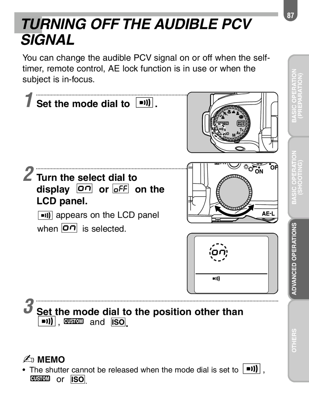 Pentax ist manual Turning OFF the Audible PCV Signal, Set the mode dial to the position other than 