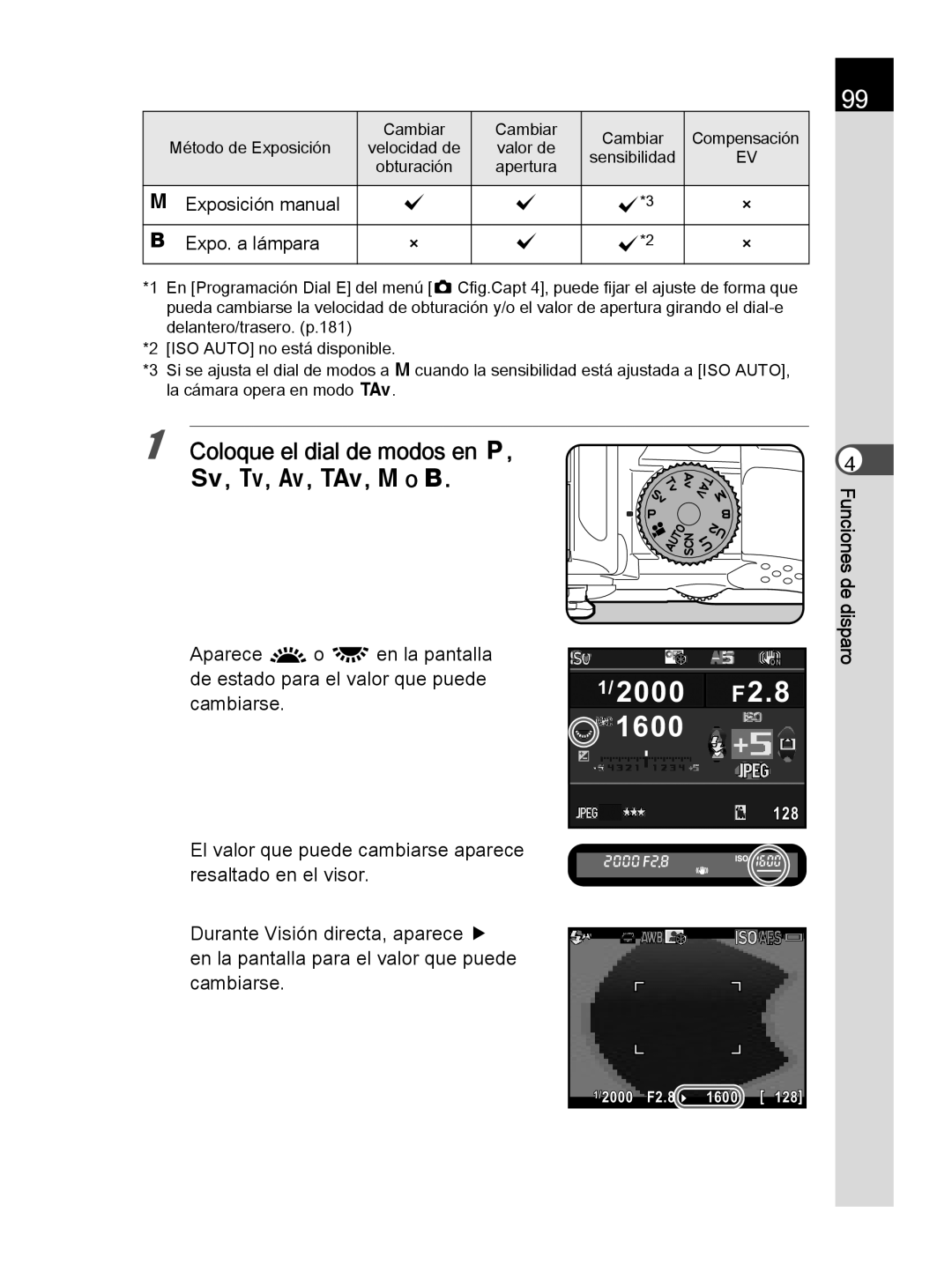 Pentax K-30 Coloque el dial de modos en e, K, b, c, L, a o p, Exposición manual Expo. a lámpara 