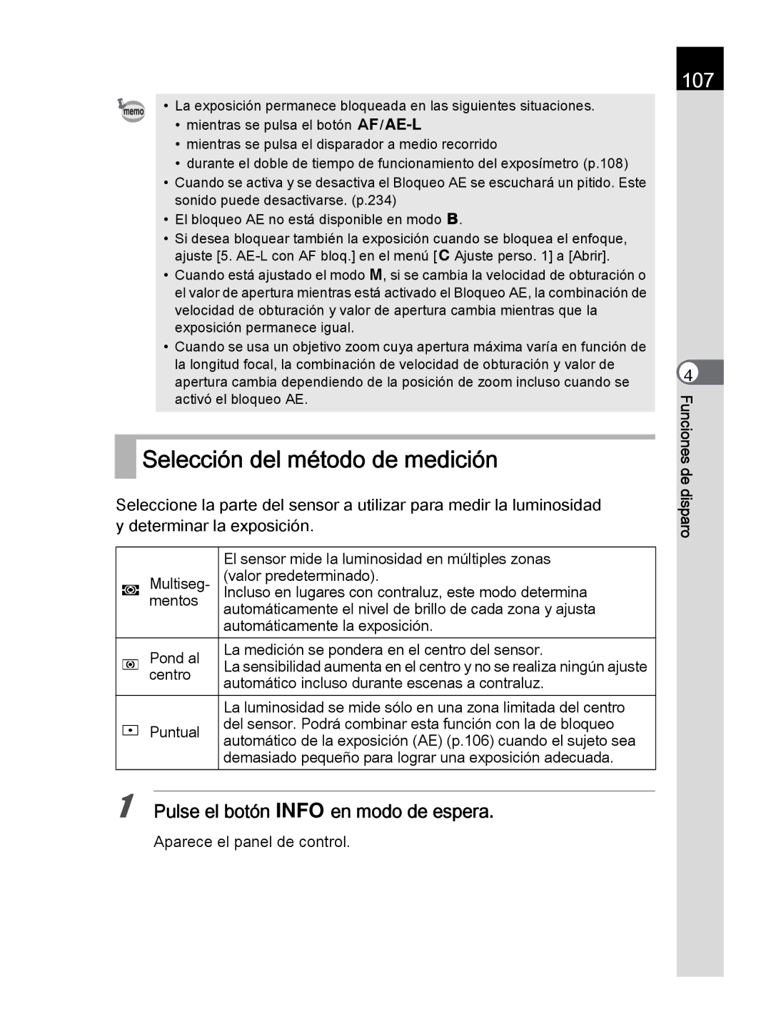 Pentax K-30 manual Selección del método de medición, 107, El sensor mide la luminosidad en múltiples zonas 