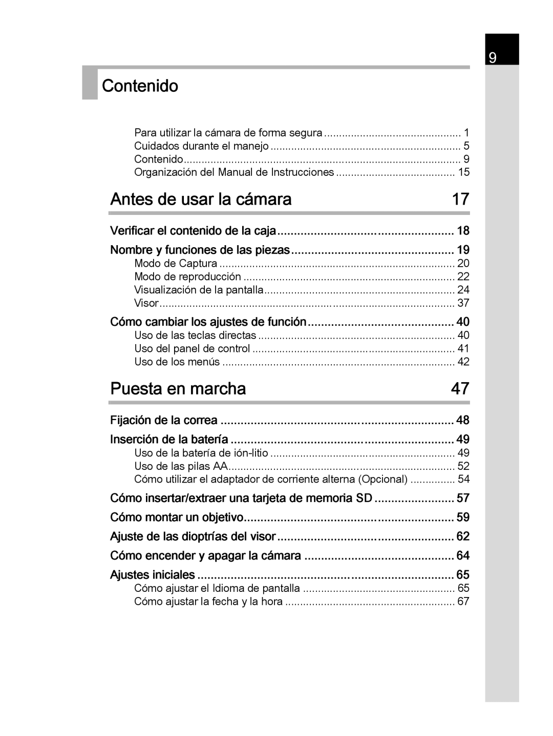 Pentax K-30 manual Contenido, Antes de usar la cámara, Puesta en marcha, Uso de la batería de ión-litio Uso de las pilas AA 