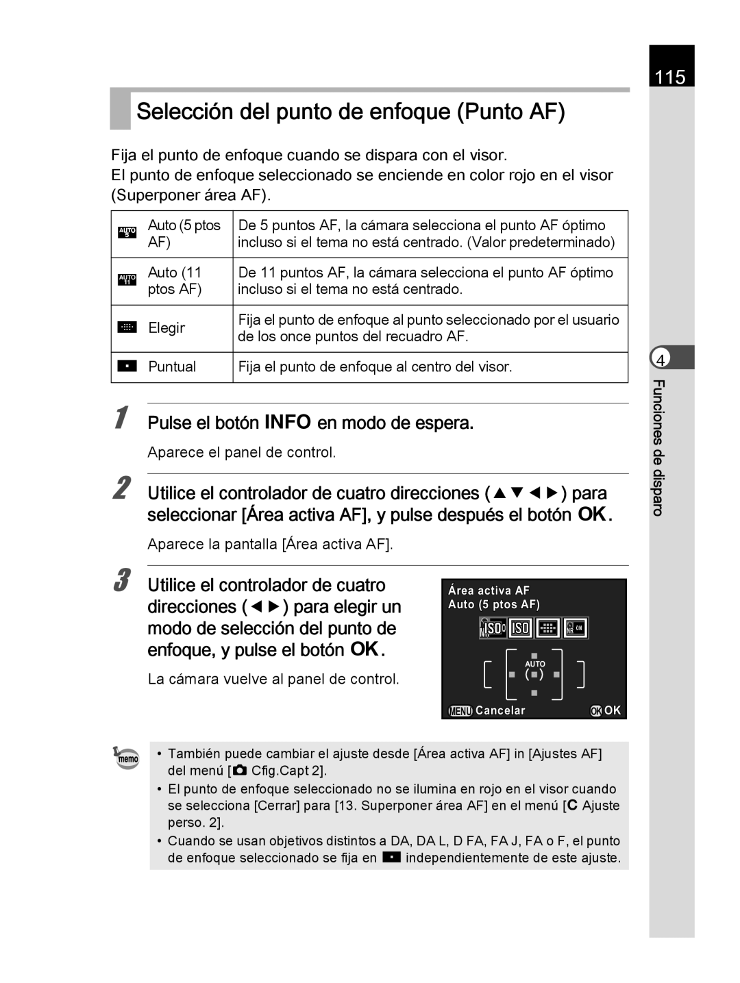 Pentax K-30 manual Selección del punto de enfoque Punto AF, 115, Aparece la pantalla Área activa AF 