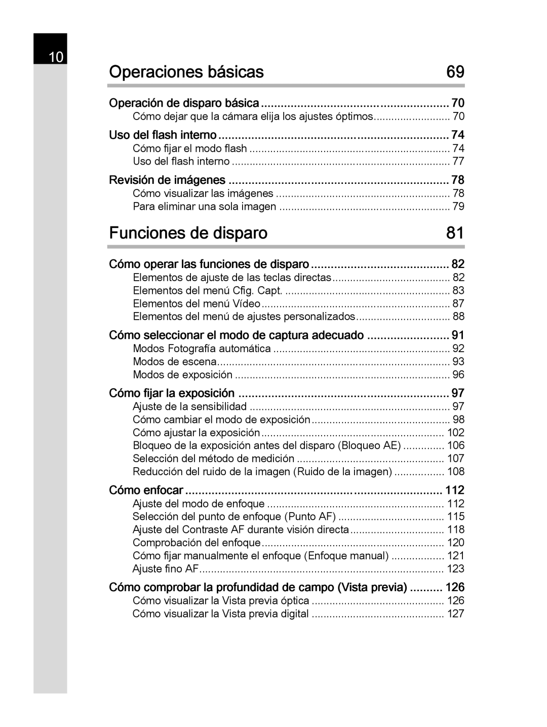 Pentax K-30 manual Operaciones básicas, Funciones de disparo, 112, 126 