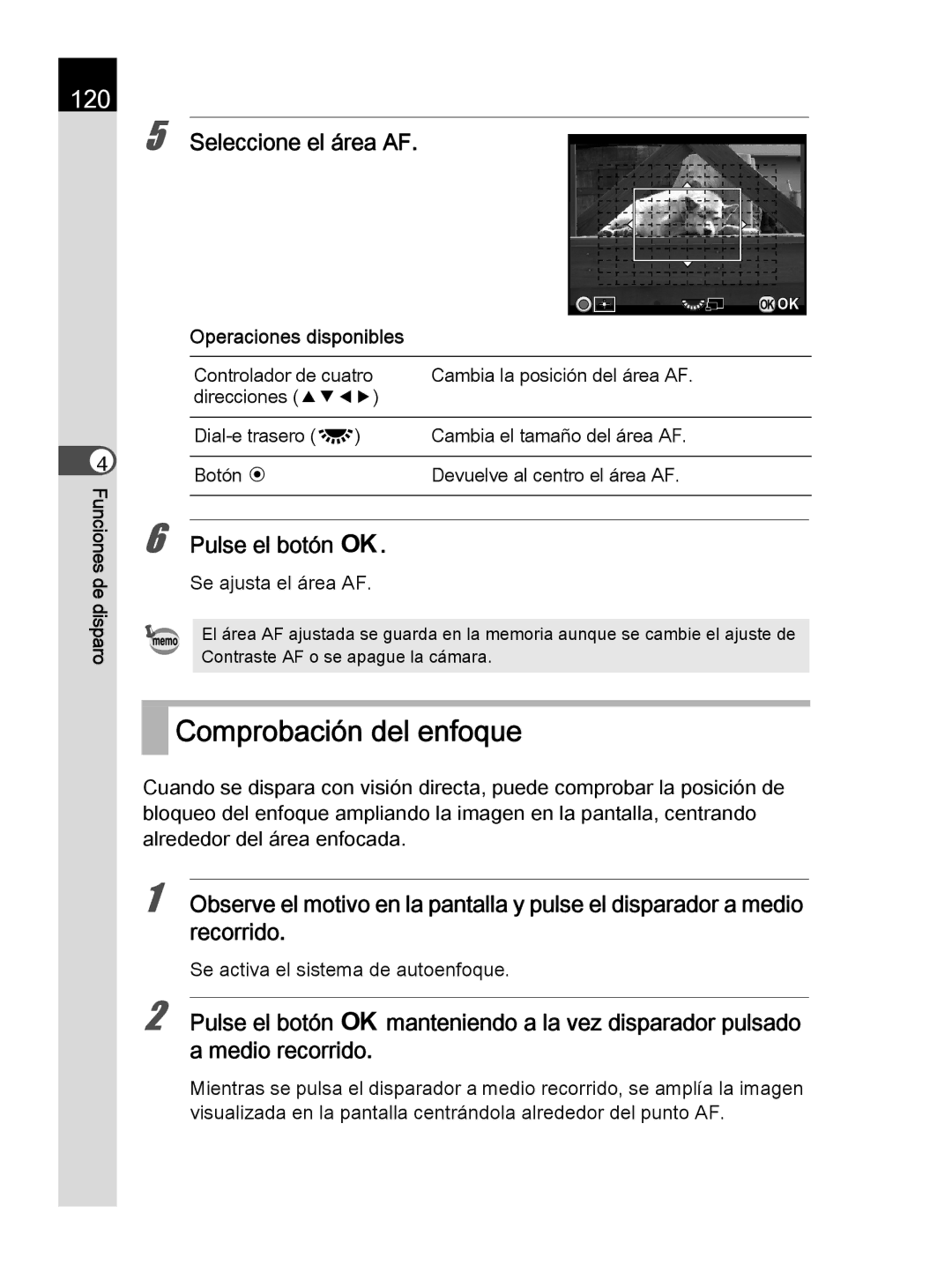 Pentax K-30 manual Comprobación del enfoque, 120, Seleccione el área AF, Se ajusta el área AF 