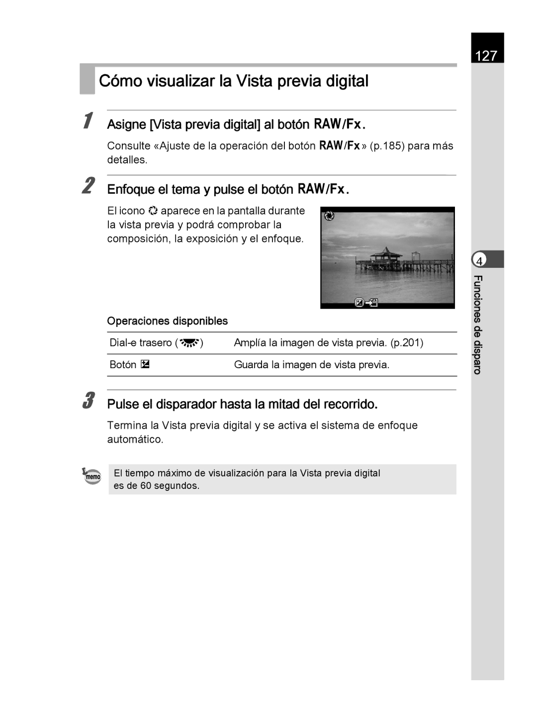 Pentax K-30 manual Cómo visualizar la Vista previa digital, 127, Asigne Vista previa digital al botón V/Y 