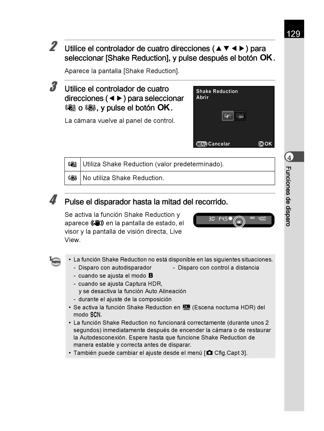 Pentax K-30 manual 129, Aparece la pantalla Shake Reduction 