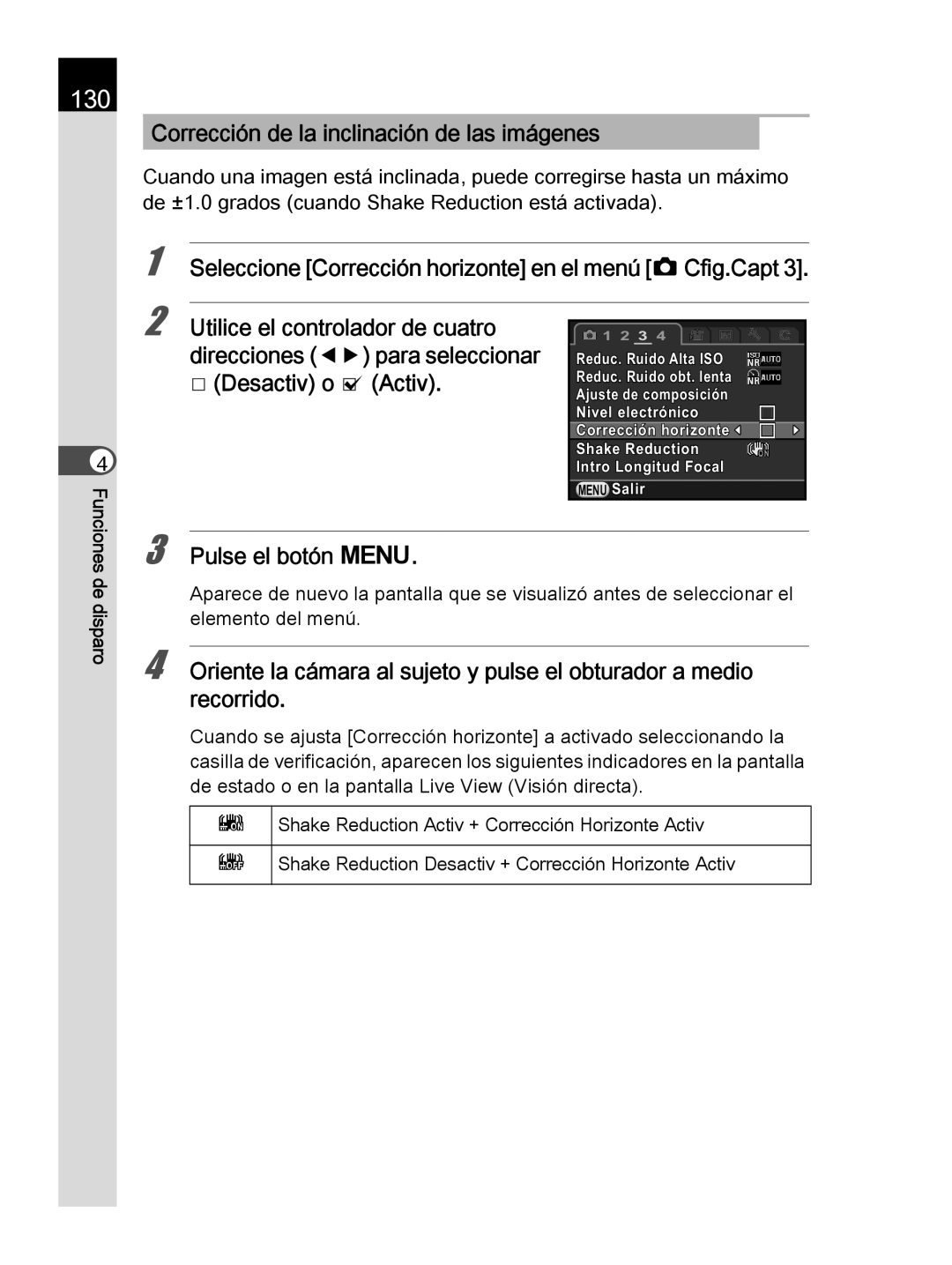 Pentax K-30 manual 130, Corrección de la inclinación de las imágenes, Desactiv o O Activ 