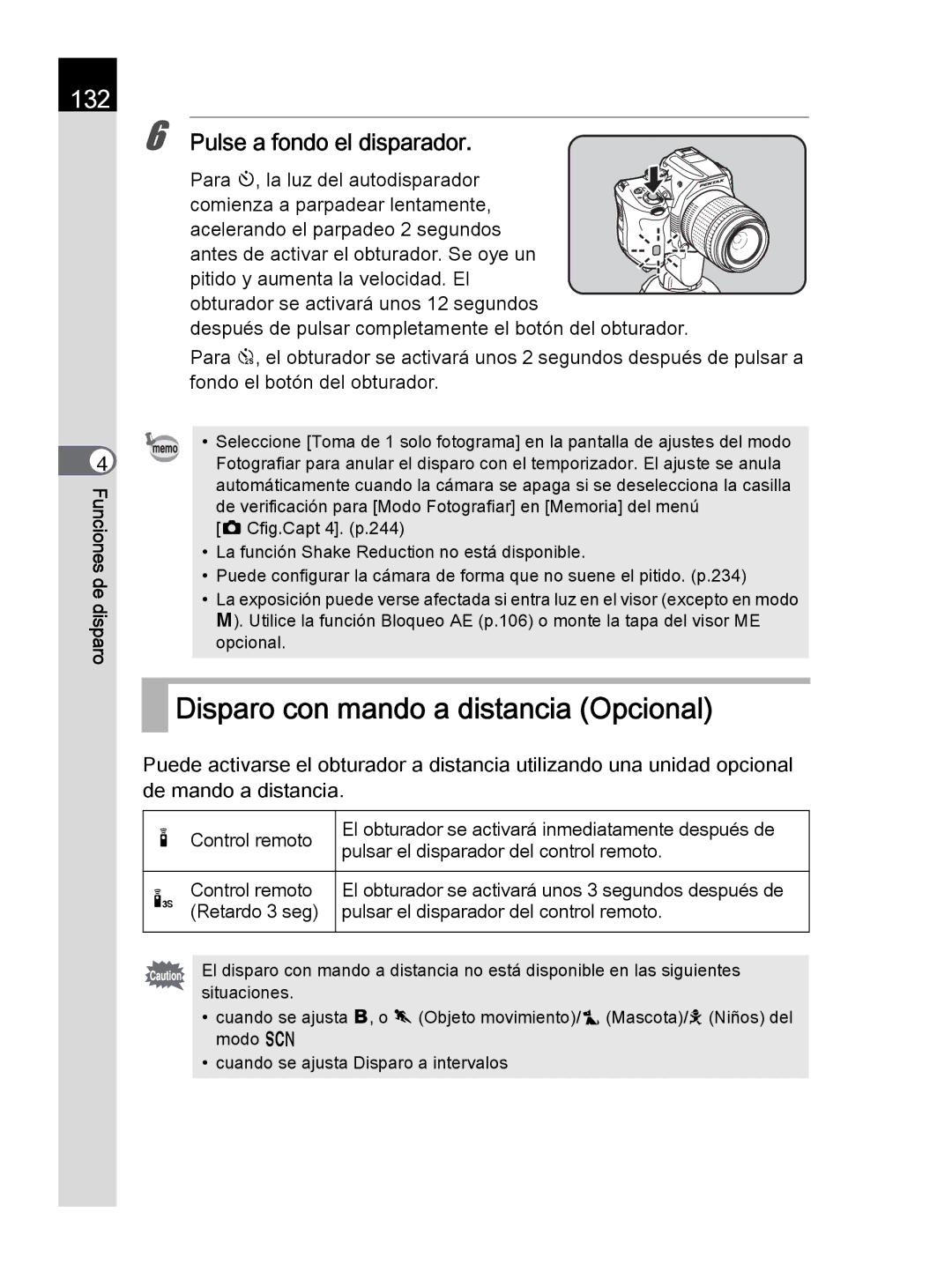 Pentax K-30 manual Disparo con mando a distancia Opcional, 132 