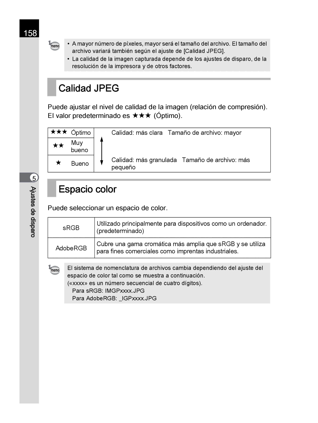 Pentax K-30 manual Calidad Jpeg, Espacio color, 158, Puede seleccionar un espacio de color, Srgb 