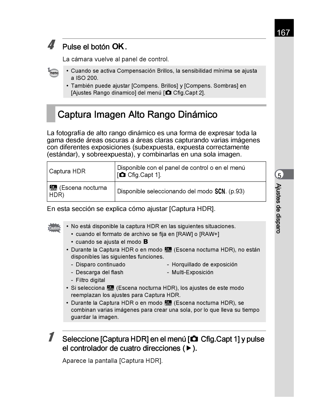 Pentax K-30 manual Captura Imagen Alto Rango Dinámico, 167, En esta sección se explica cómo ajustar Captura HDR 