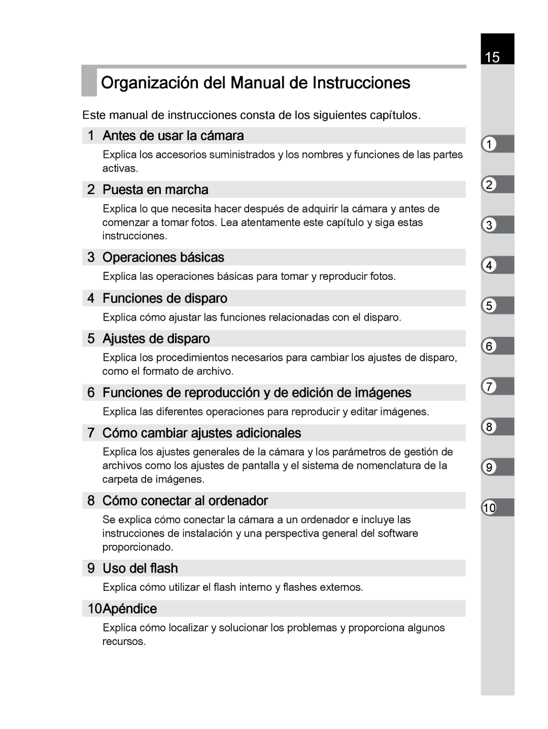 Pentax K-30 manual Organización del Manual de Instrucciones 