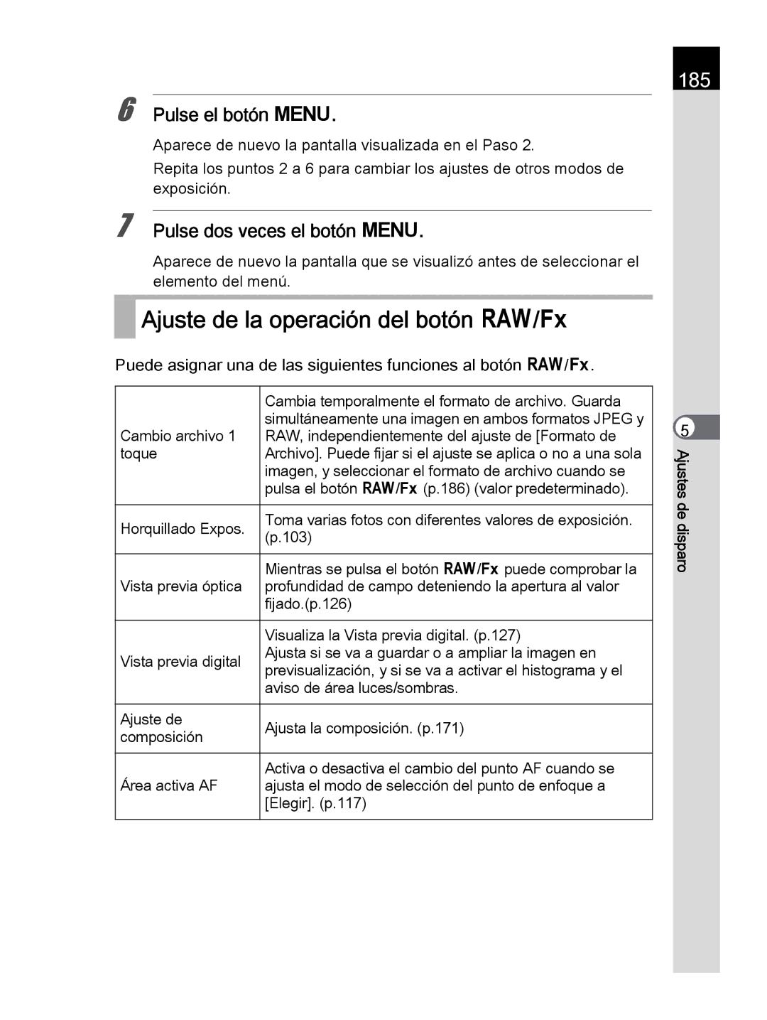 Pentax K-30 manual Ajuste de la operación del botón V/Y, 185, Puede asignar una de las siguientes funciones al botón V/Y 