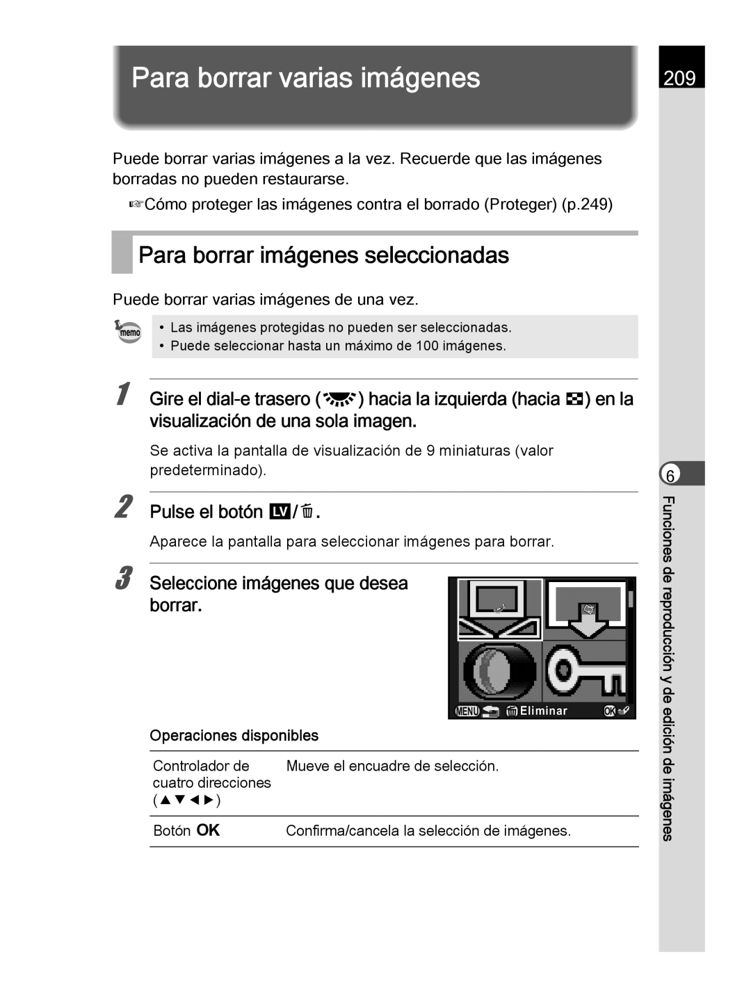 Pentax K-30 Para borrar varias imágenes, Para borrar imágenes seleccionadas, 209, Seleccione imágenes que desea borrar 