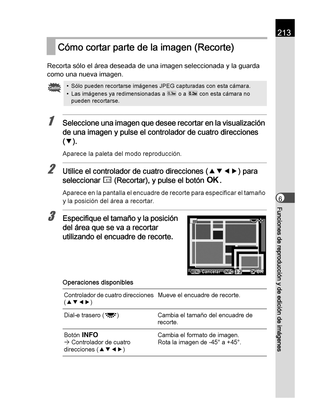Pentax K-30 manual Cómo cortar parte de la imagen Recorte, 213 