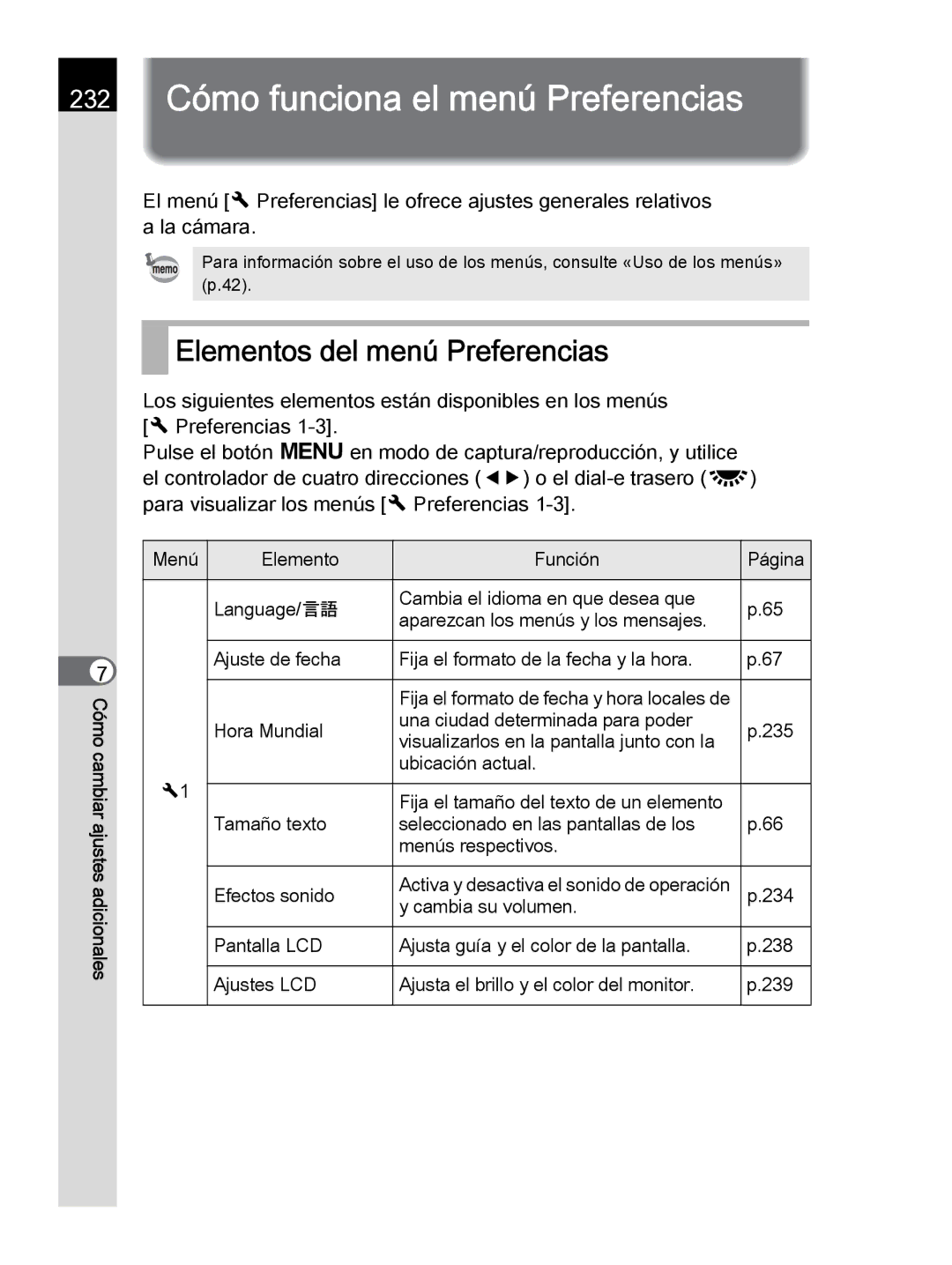 Pentax K-30 manual 232 Cómo funciona el menú Preferencias, Elementos del menú Preferencias 
