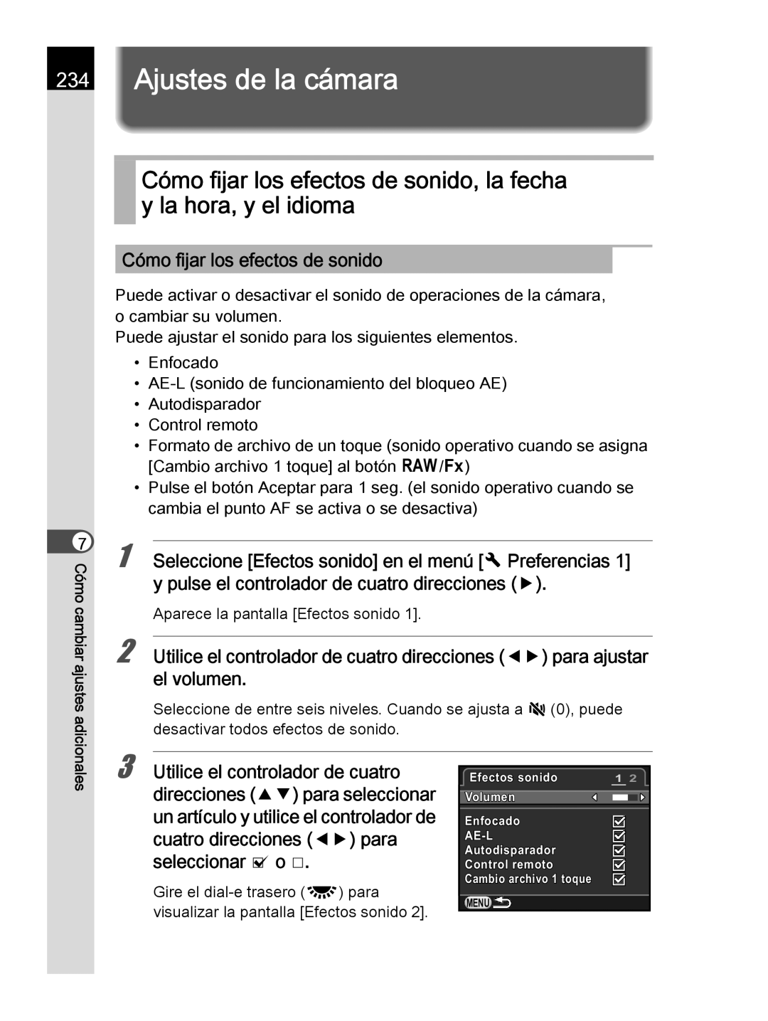 Pentax K-30 manual Ajustes de la cámara, Cómo fijar los efectos de sonido, Aparece la pantalla Efectos sonido 