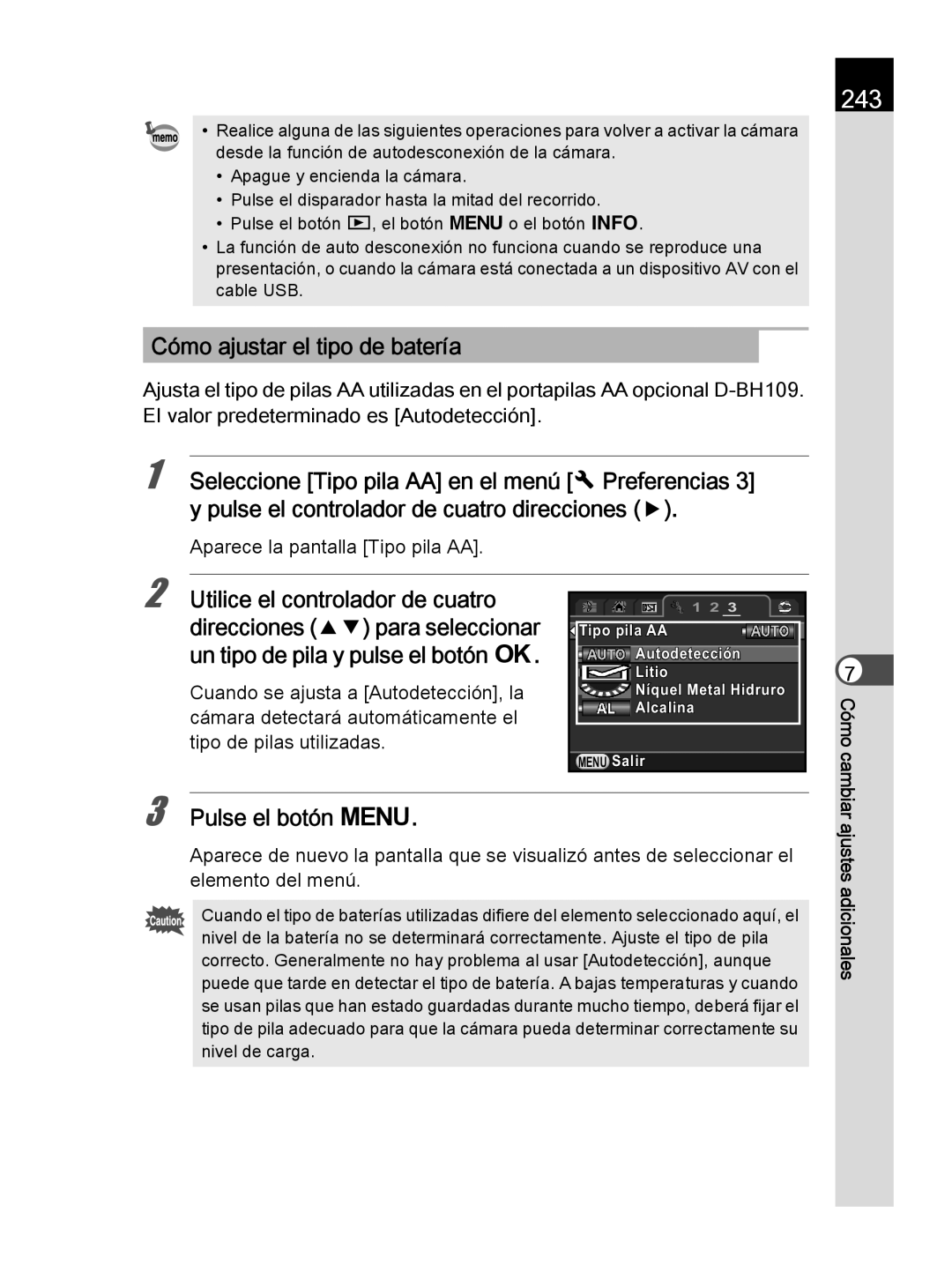 Pentax K-30 manual 243, Cómo ajustar el tipo de batería, Aparece la pantalla Tipo pila AA 