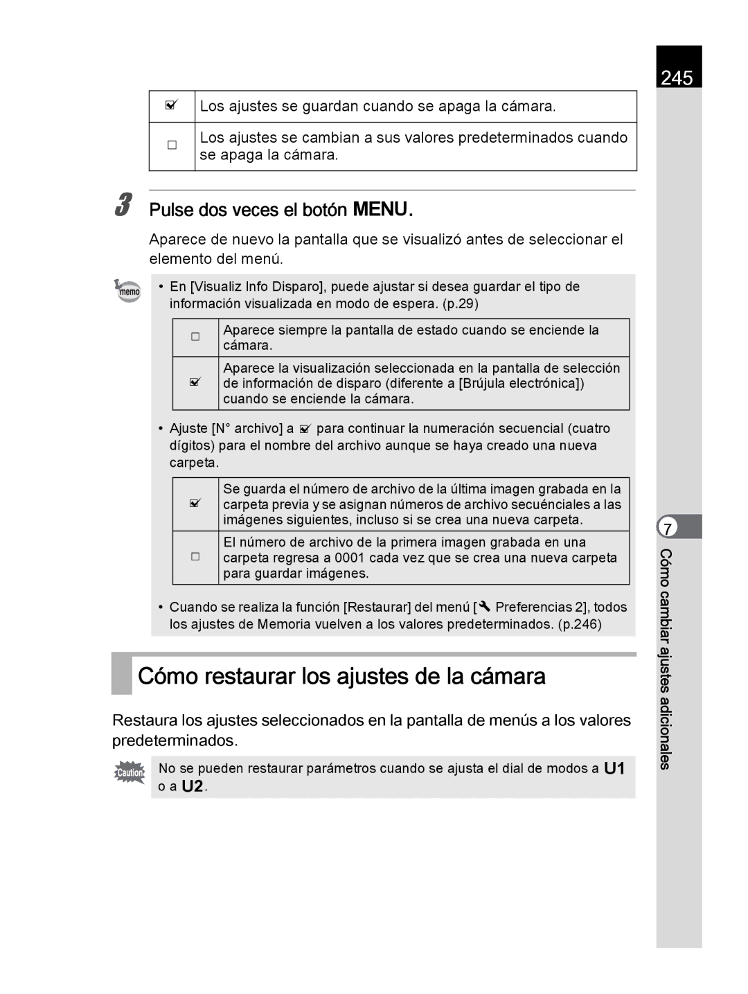 Pentax K-30 manual Cómo restaurar los ajustes de la cámara, 245 