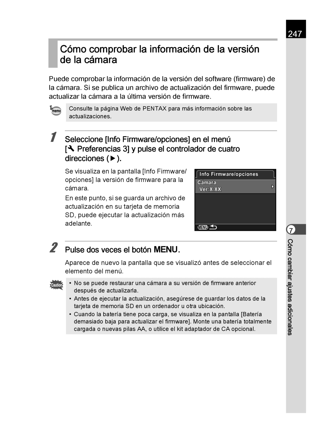 Pentax K-30 manual Cómo comprobar la información de la versión de la cámara, 247 