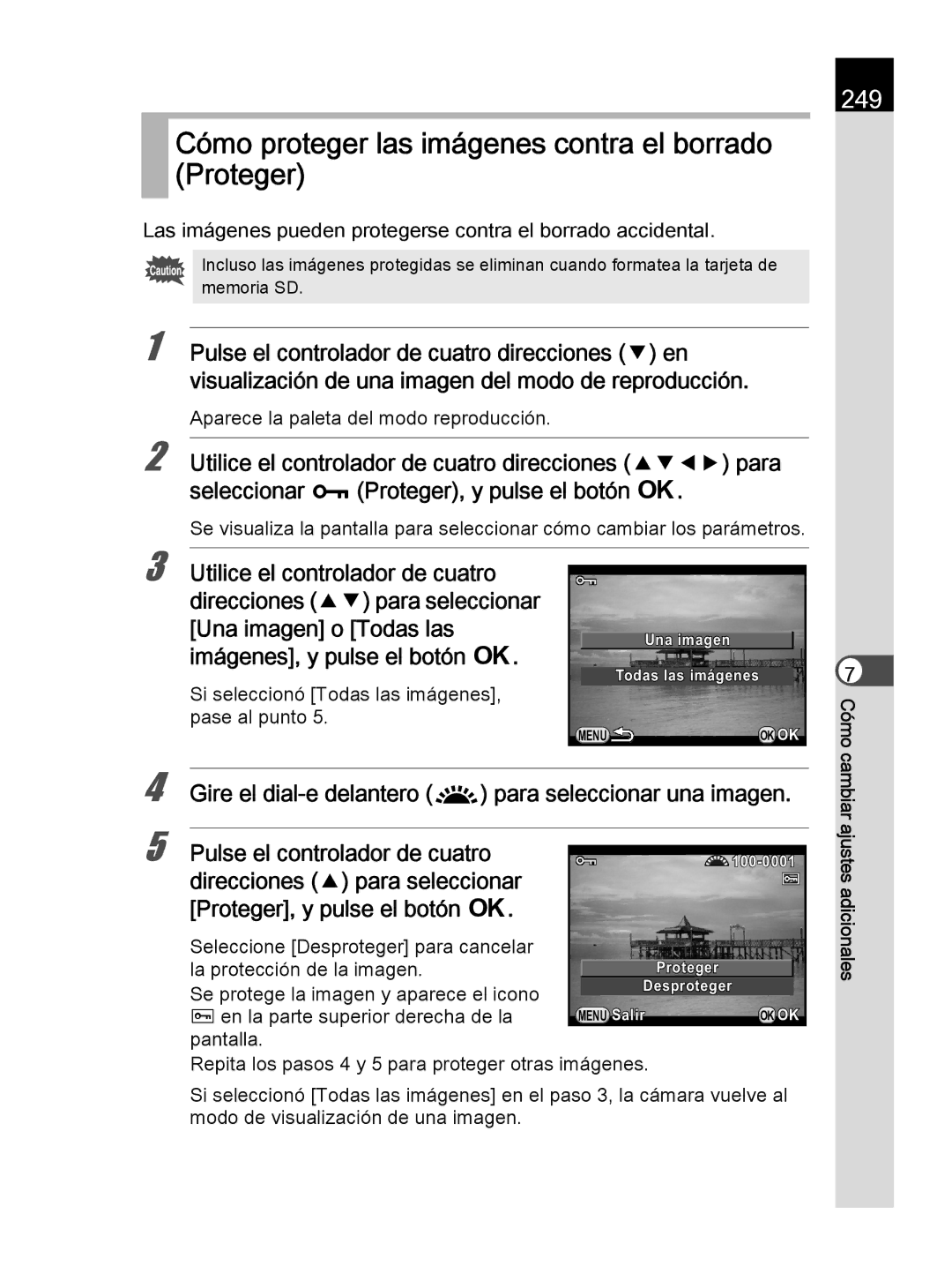 Pentax K-30 manual Cómo proteger las imágenes contra el borrado Proteger, 249 