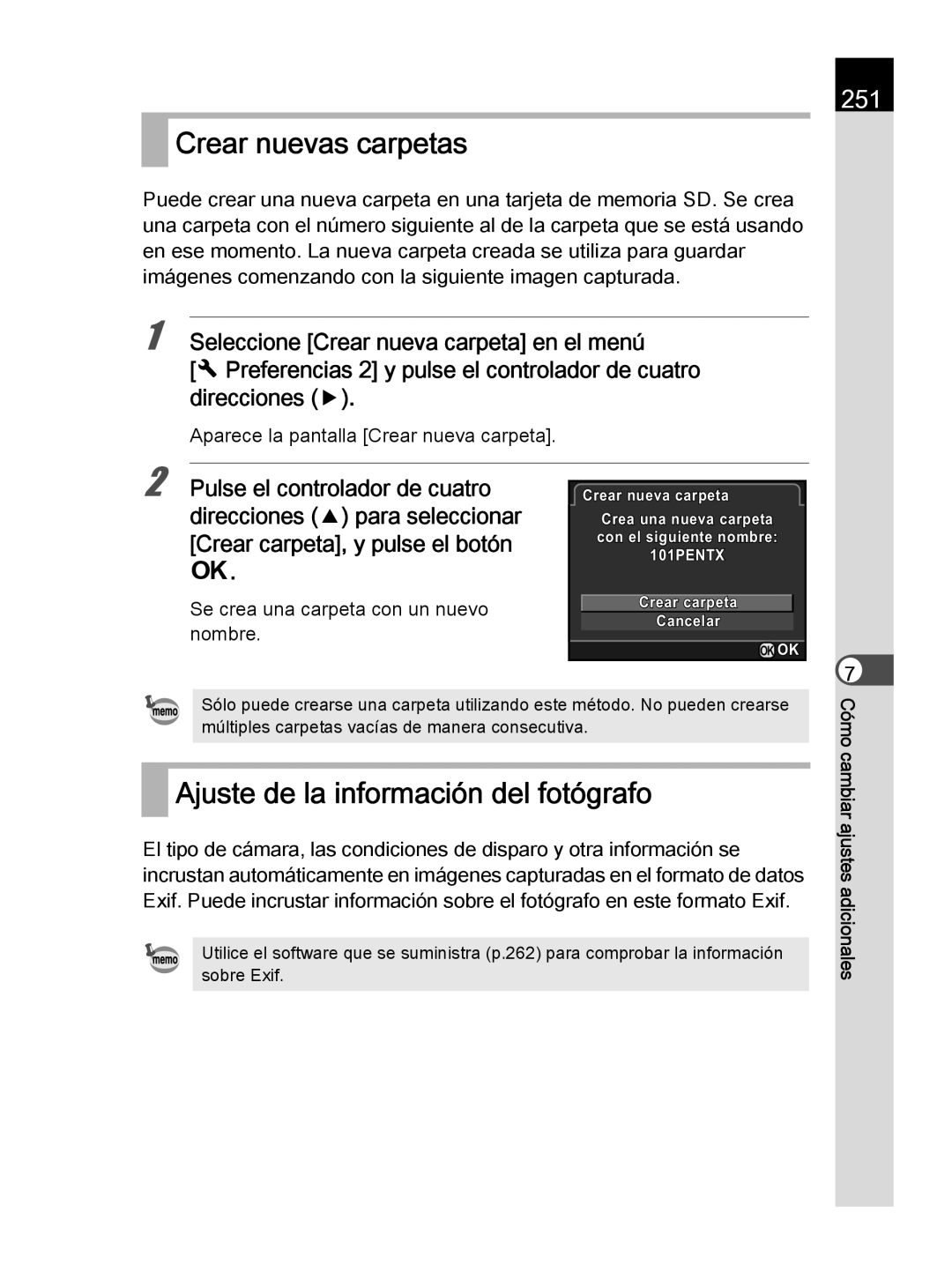 Pentax K-30 Crear nuevas carpetas, Ajuste de la información del fotógrafo, 251, Aparece la pantalla Crear nueva carpeta 
