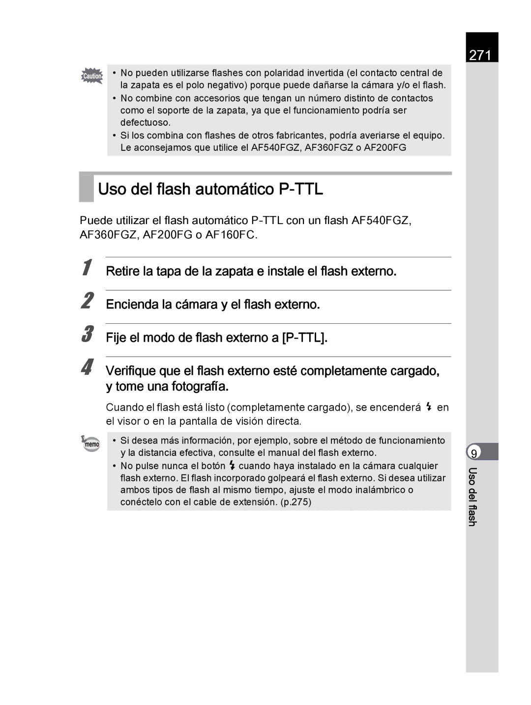 Pentax K-30 manual Uso del flash automático P-TTL, 271 
