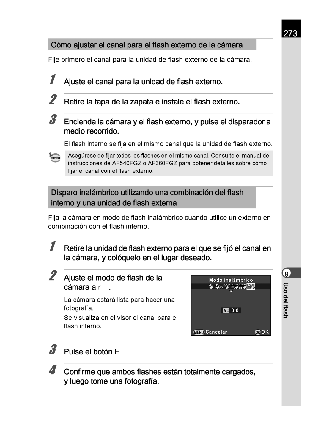 Pentax K-30 manual 273, Cómo ajustar el canal para el flash externo de la cámara, Cámara a r 