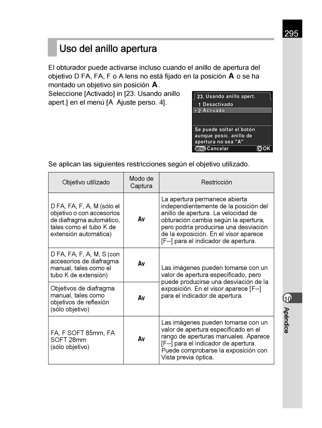 Pentax K-30 manual 295, Objetivo utilizado Modo de Restricción, La apertura permanece abierta 