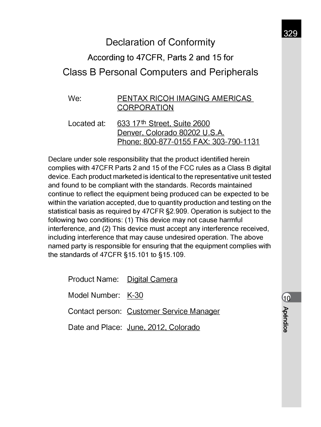 Pentax K-30 manual Class B Personal Computers and Peripherals, 329 