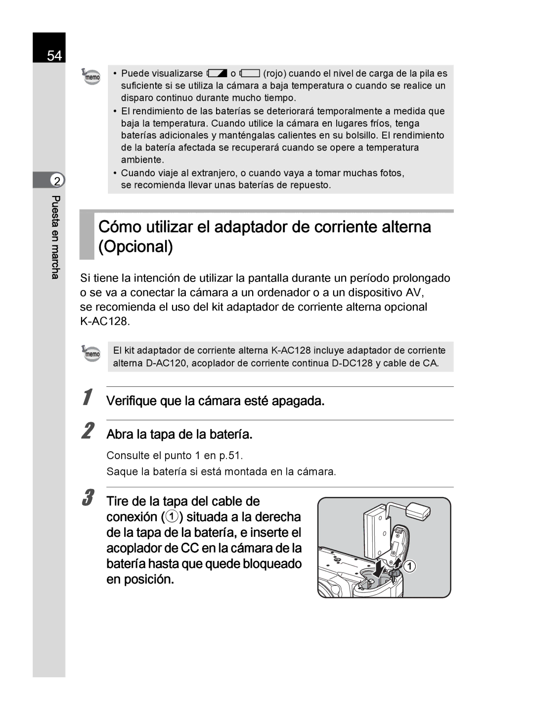 Pentax K-30 manual Cómo utilizar el adaptador de corriente alterna Opcional 