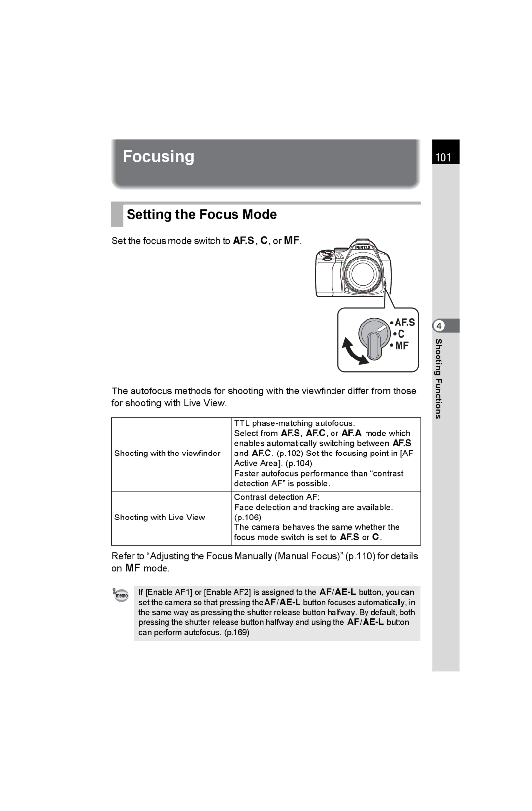 Pentax K-50 Focusing, Setting the Focus Mode, 101, TTL phase-matching autofocus, Select from l, k, or fmode which 